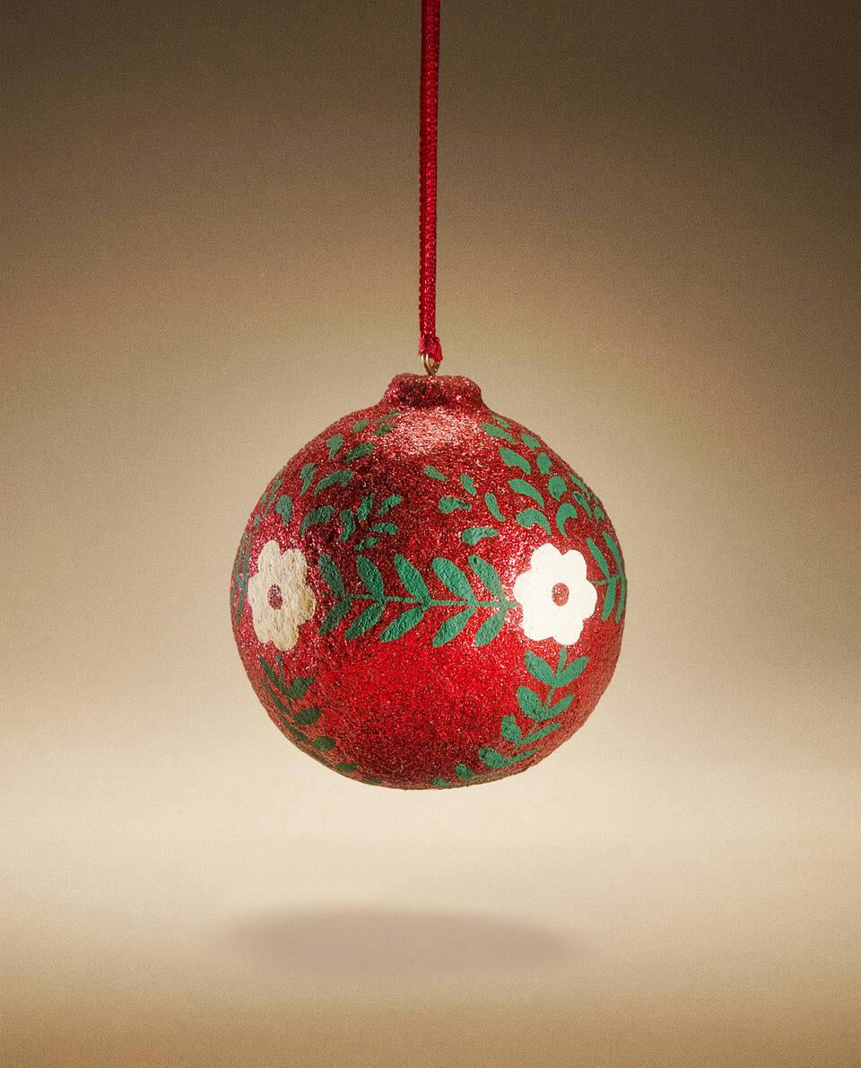GLITTER FLORAL BALL CHRISTMAS DECORATION