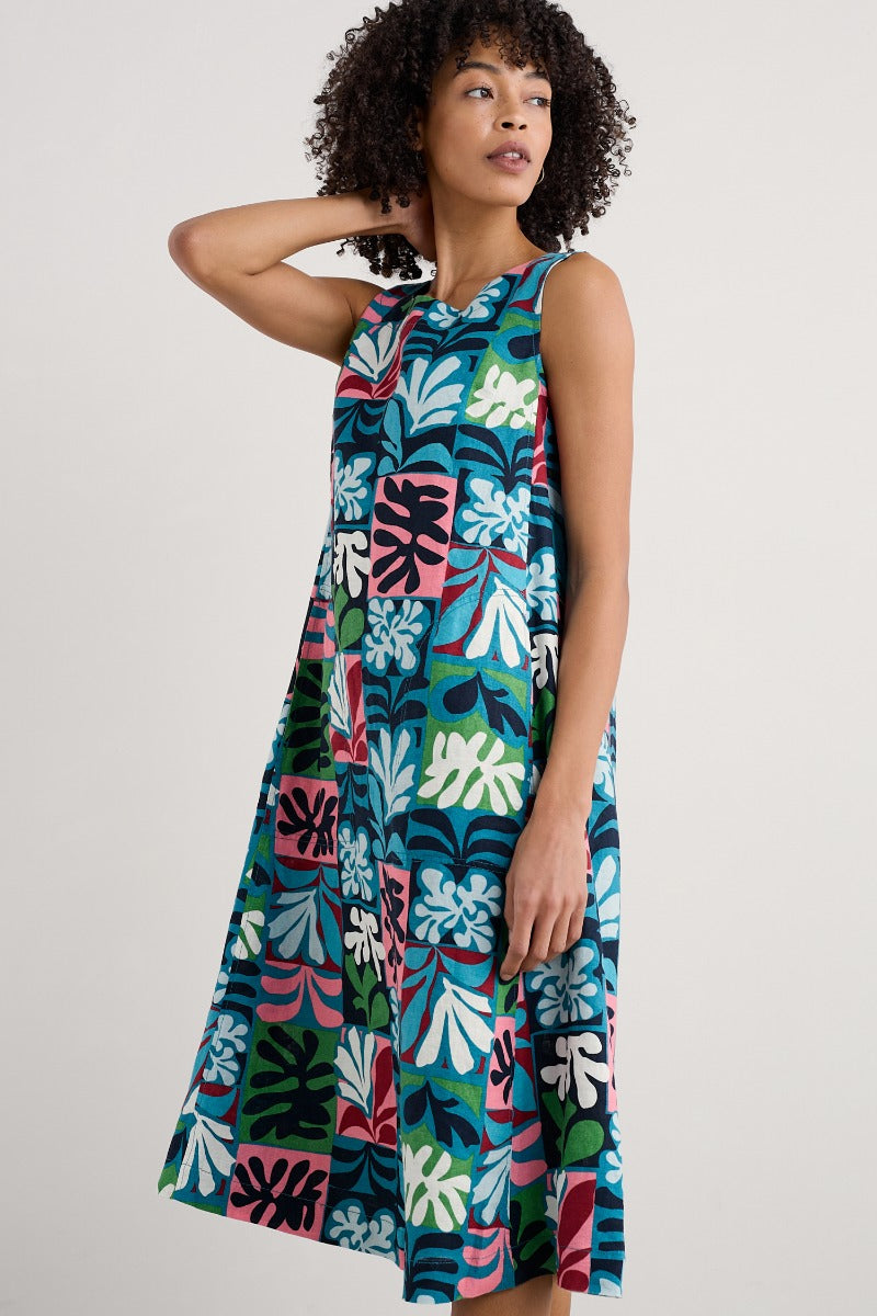 Cresting Waves Sleeveless Linen Dress