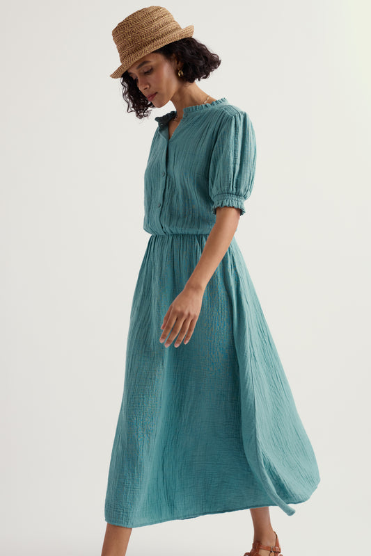 Shore Path Half-Sleeve GOTS Organic Cotton Midi Dress
