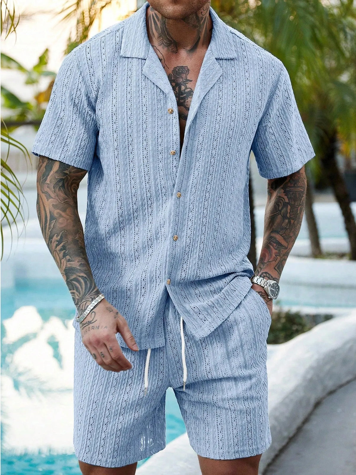 Men's Relaxed Hollow-Out Knit Resort Two-Piece Set