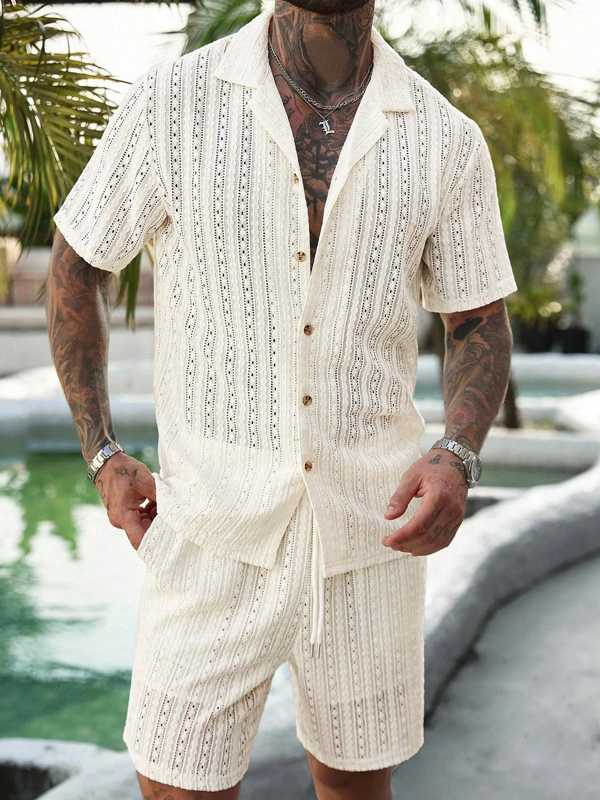 Men's Relaxed Hollow-Out Knit Resort Two-Piece Set