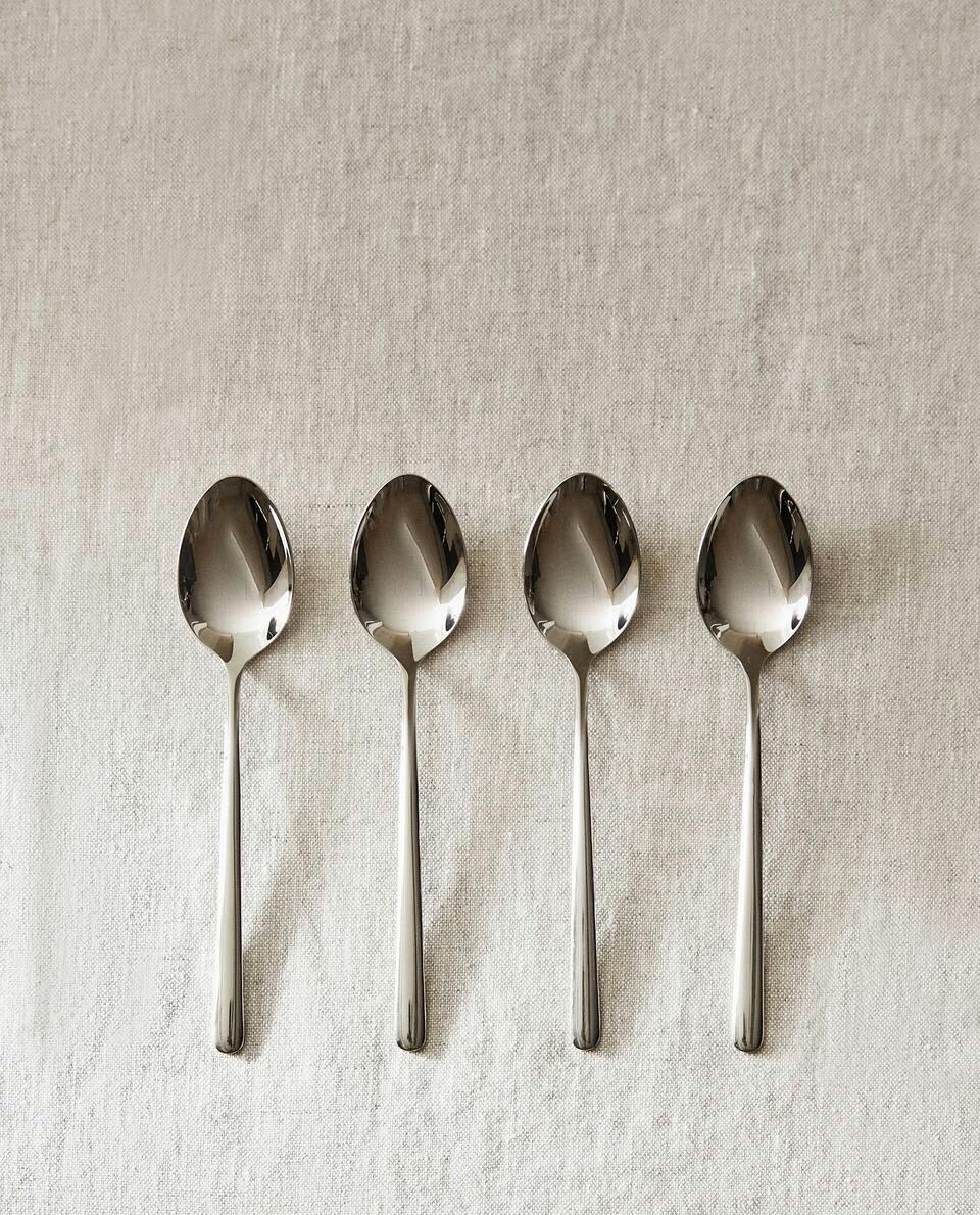 BOX OF 4 SHINY STEEL DESSERT SPOONS