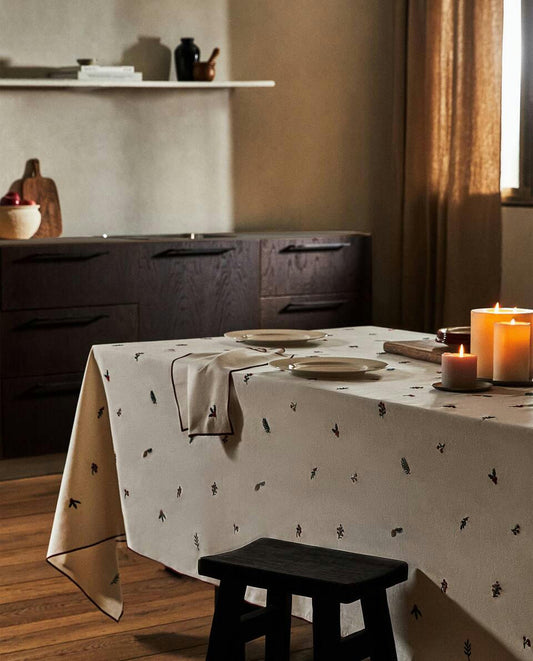COTTON TABLECLOTH WITH CHRISTMAS BRANCH EMBROIDERY