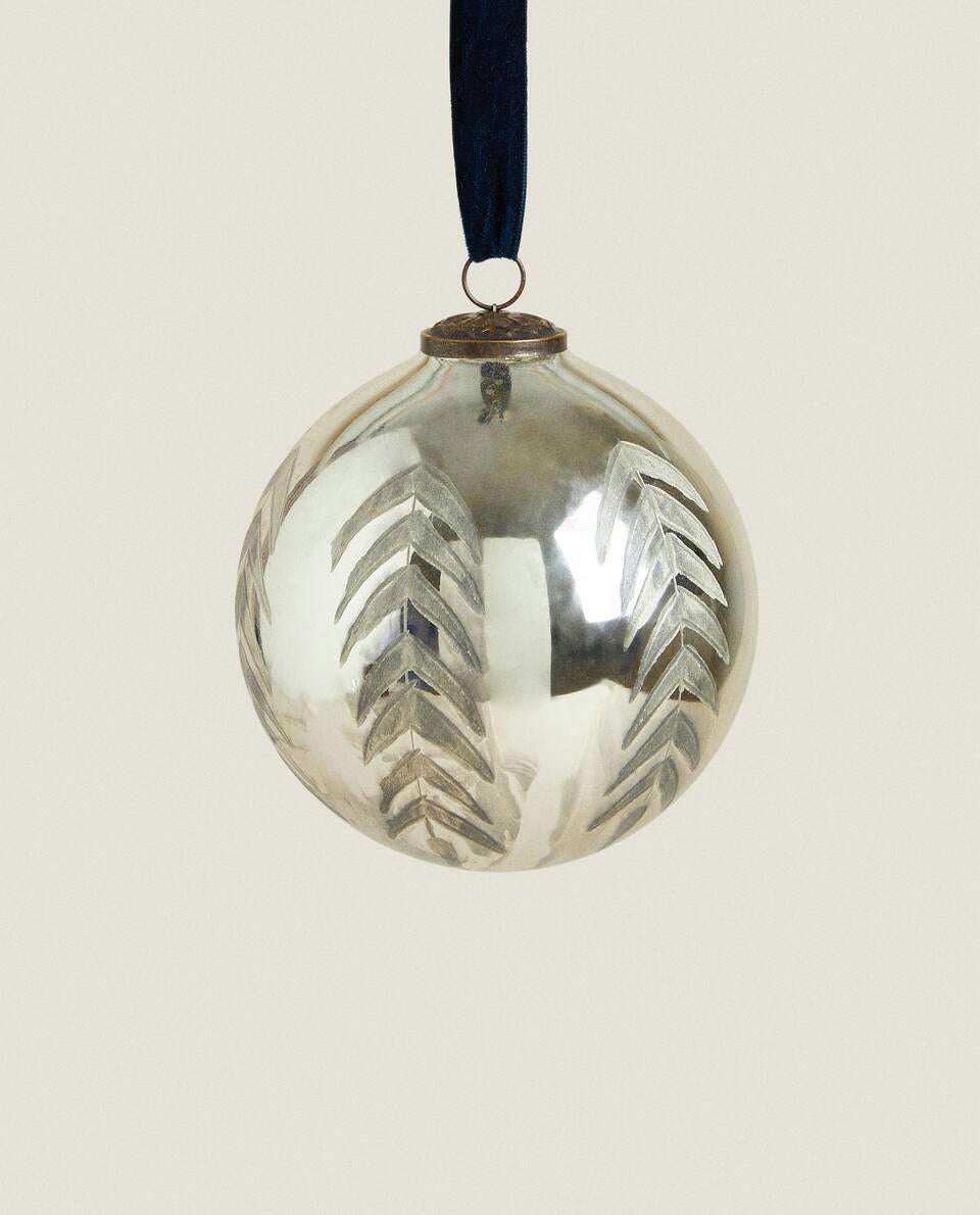 GLASS HERRINGBONE CHRISTMAS BAUBLE DECORATION