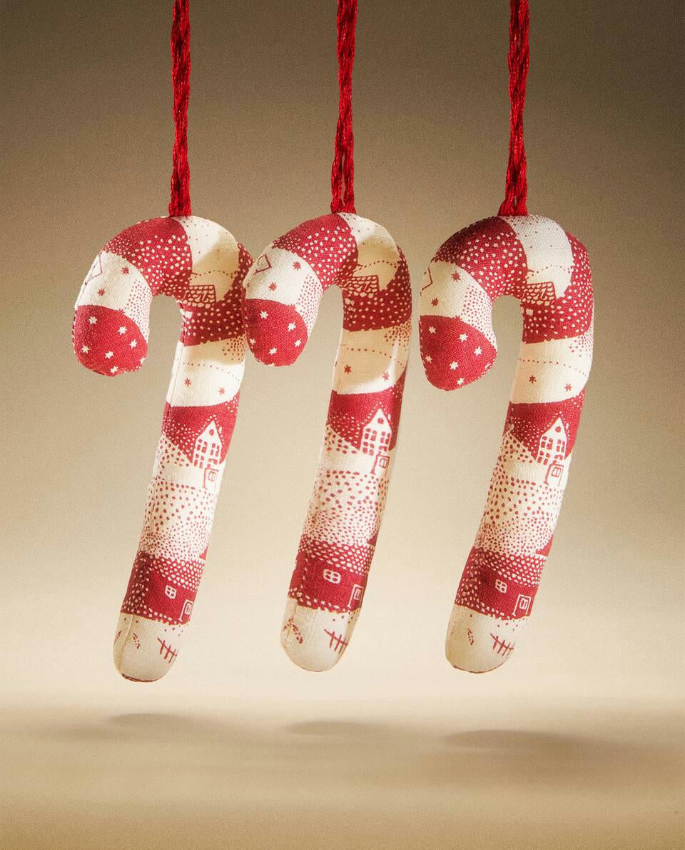 PACK OF PATCHWORK CANDY CANE CHRISTMAS DECORATIONS (PACK OF 3)
