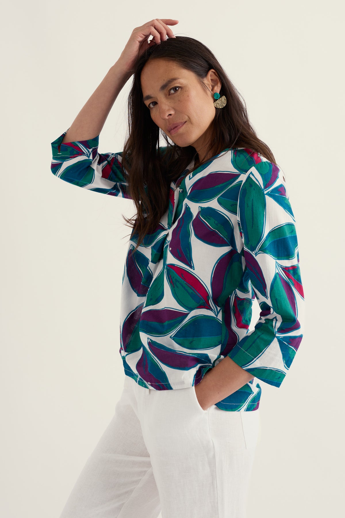 Watercolour Sketch 3/4 Sleeve Top in GOTS-Certified Organic Cotton