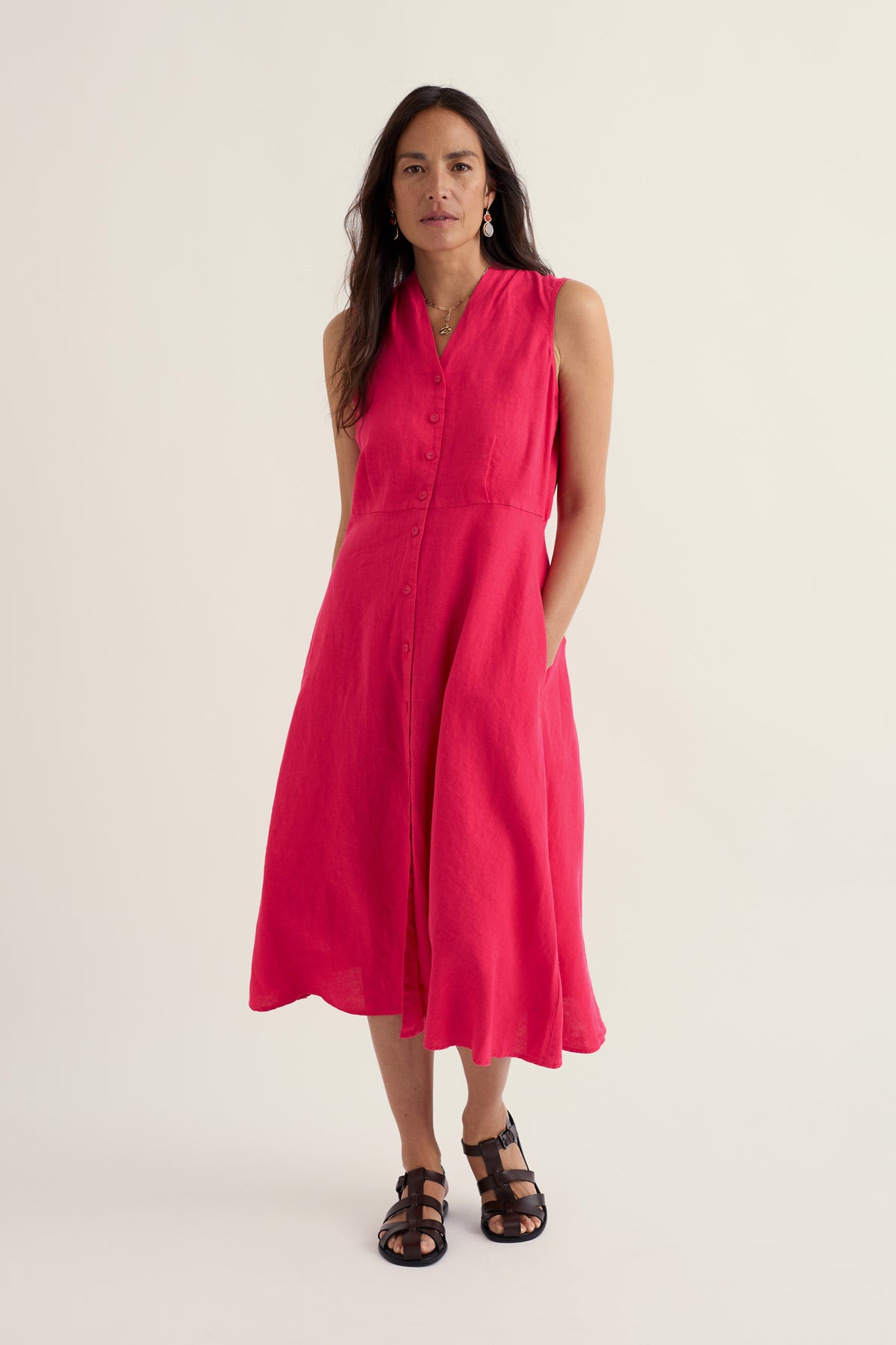 Carved Wood Linen Sleeveless Dress