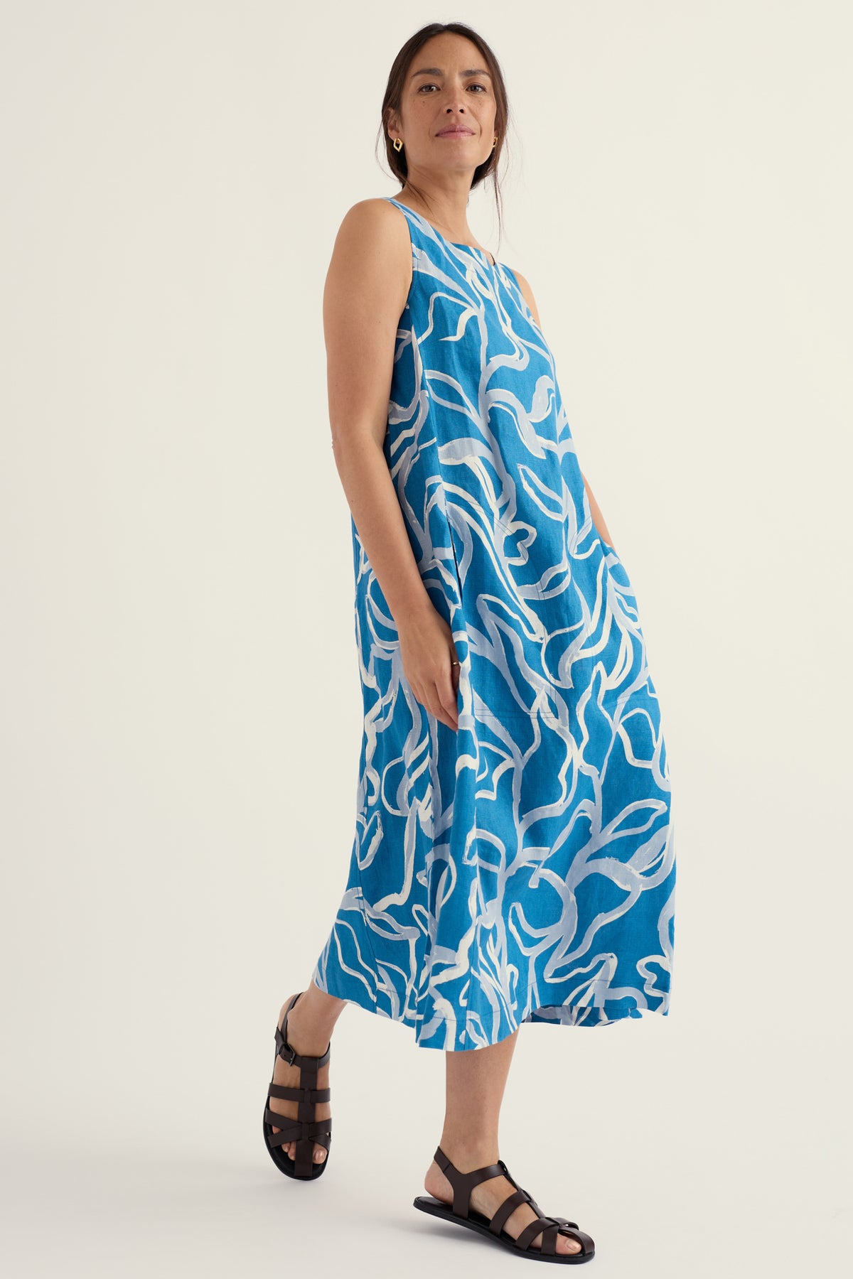 Cresting Waves Sleeveless Linen Dress