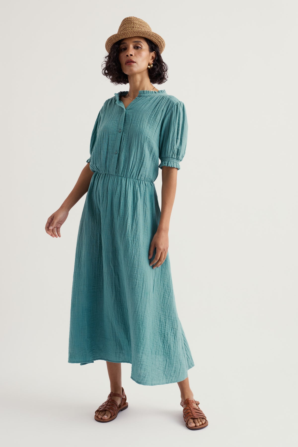 Shore Path Half-Sleeve GOTS Organic Cotton Midi Dress