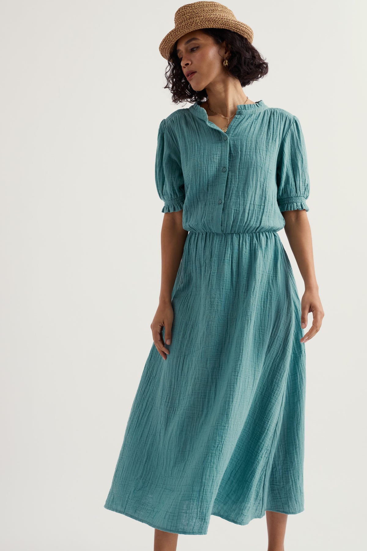 Shore Path Half-Sleeve GOTS Organic Cotton Midi Dress